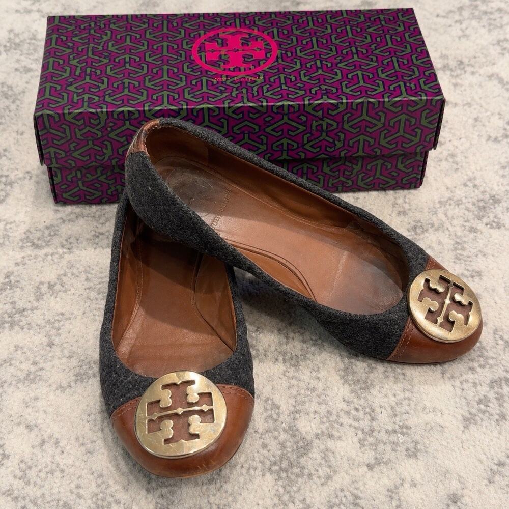 Tory Burch Black Felt Ballet Flats Brown Leather Cap Toe Logo Slip On 6.5 M